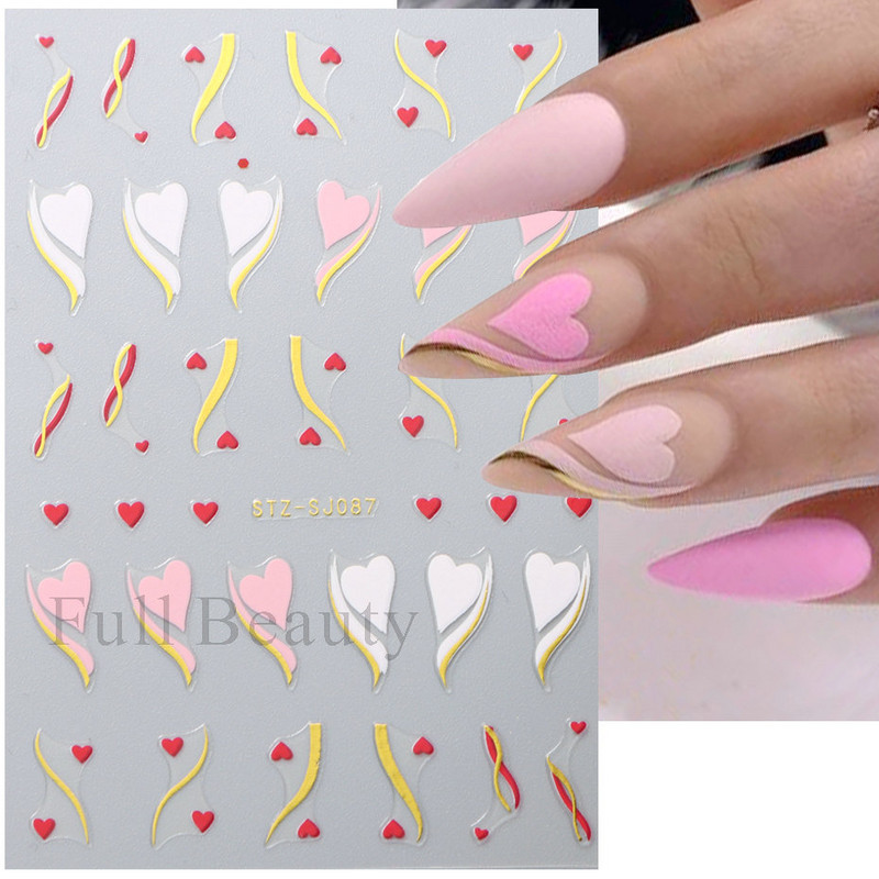 Love Heart Design Golden Wave Line 3D Nagu uzlīmes Y2K Adhesive Decals Sarkans Rozā Valentīna Nail Art Dekorācijas Slīdņi Manikīrs