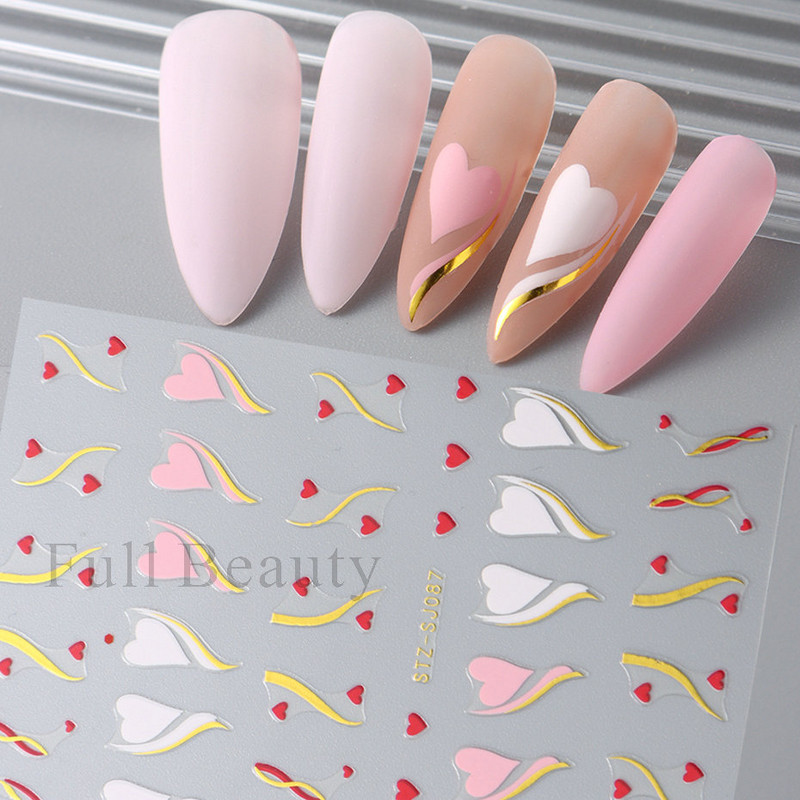Love Heart Design Golden Wave Line 3D Nagu uzlīmes Y2K Adhesive Decals Sarkans Rozā Valentīna Nail Art Dekorācijas Slīdņi Manikīrs