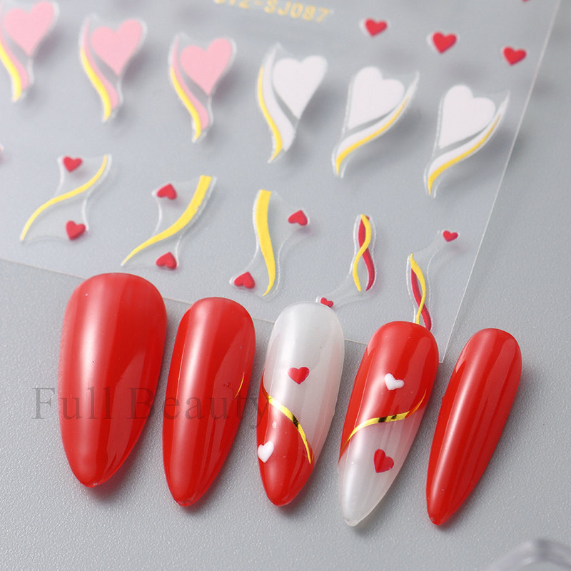 Love Heart Design Golden Wave Line 3D Nagu uzlīmes Y2K Adhesive Decals Sarkans Rozā Valentīna Nail Art Dekorācijas Slīdņi Manikīrs