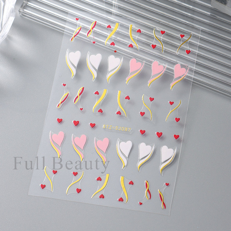 Love Heart Design Golden Wave Line 3D Nagu uzlīmes Y2K Adhesive Decals Sarkans Rozā Valentīna Nail Art Dekorācijas Slīdņi Manikīrs