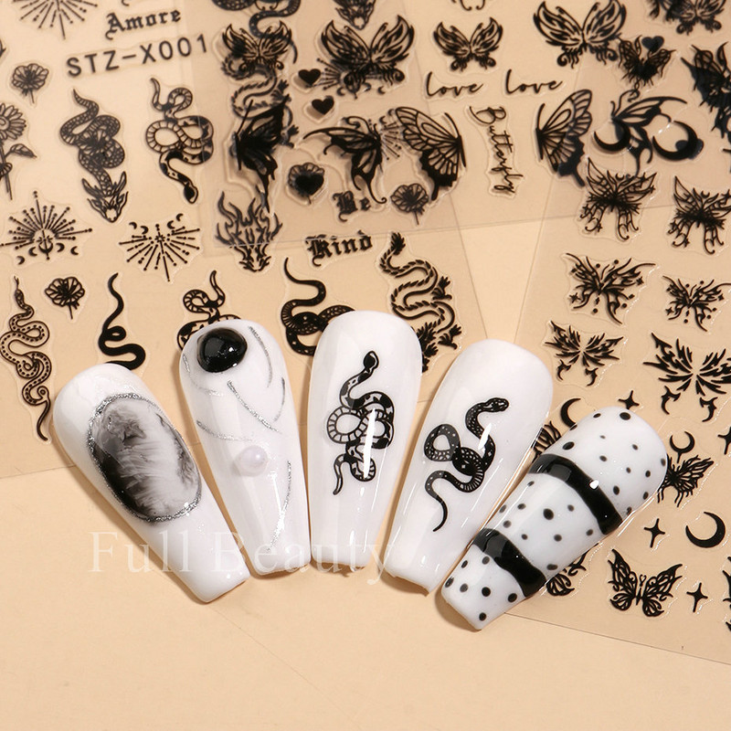 3D crna zmija zmaj naljepnice za nokte životinje leptir cvijet naljepnice za nokte ljepljivi klizač proljetni dodaci za manikuru STZ-X001