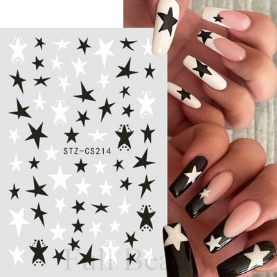 3D zvaigzne, melns, balts, piekariņi, nagu mākslas uzlīme Zelta Saules Mēness Sirds Slīdnis Pašlīmējošs Y2k Mode Nail Decal Dekorācijas manikīrs