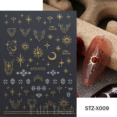 3D zvaigzne, melns, balts, piekariņi, nagu mākslas uzlīme Zelta Saules Mēness Sirds Slīdnis Pašlīmējošs Y2k Mode Nail Decal Dekorācijas manikīrs