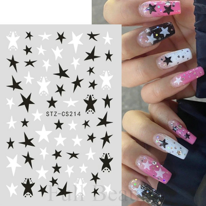 3D zvaigzne, melns, balts, piekariņi, nagu mākslas uzlīme Zelta Saules Mēness Sirds Slīdnis Pašlīmējošs Y2k Mode Nail Decal Dekorācijas manikīrs