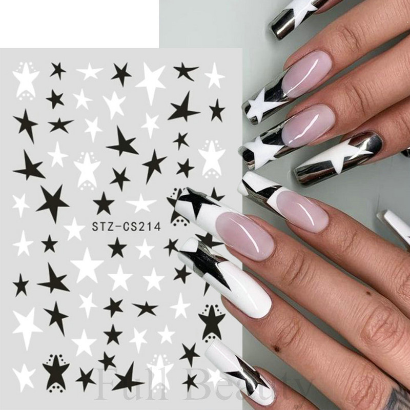 3D zvaigzne, melns, balts, piekariņi, nagu mākslas uzlīme Zelta Saules Mēness Sirds Slīdnis Pašlīmējošs Y2k Mode Nail Decal Dekorācijas manikīrs