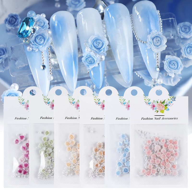 30gab Rožu dizaina nagu piekariņi Aksesuāri jaukta pērļu manikīra daļa DIY apaļš zieds nagu dekorēšanai Romantiskas Valentīnas dienas