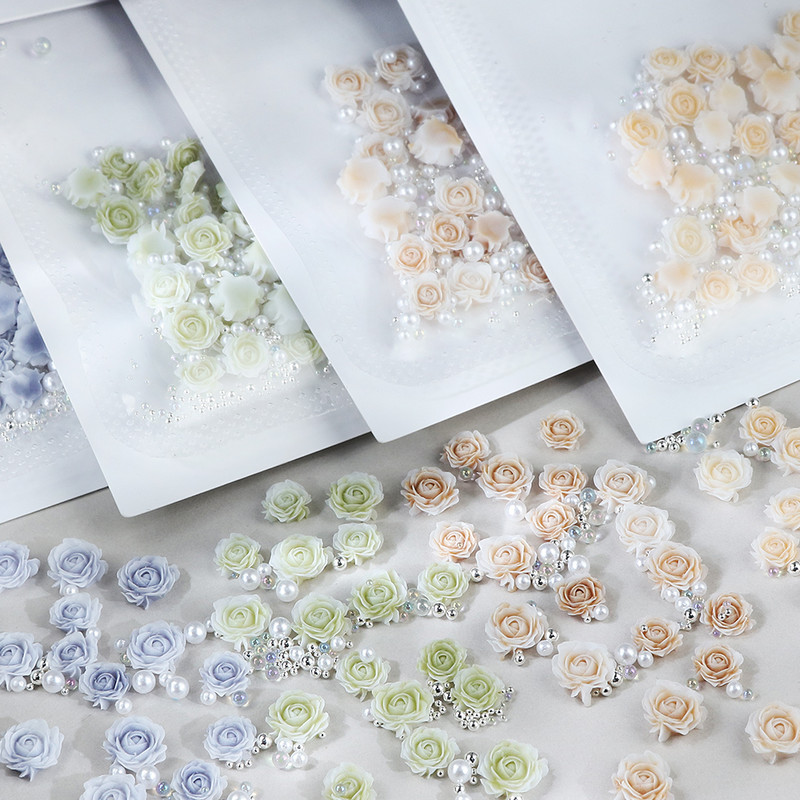 30gab Rožu dizaina nagu piekariņi Aksesuāri jaukta pērļu manikīra daļa DIY apaļš zieds nagu dekorēšanai Romantiskas Valentīnas dienas