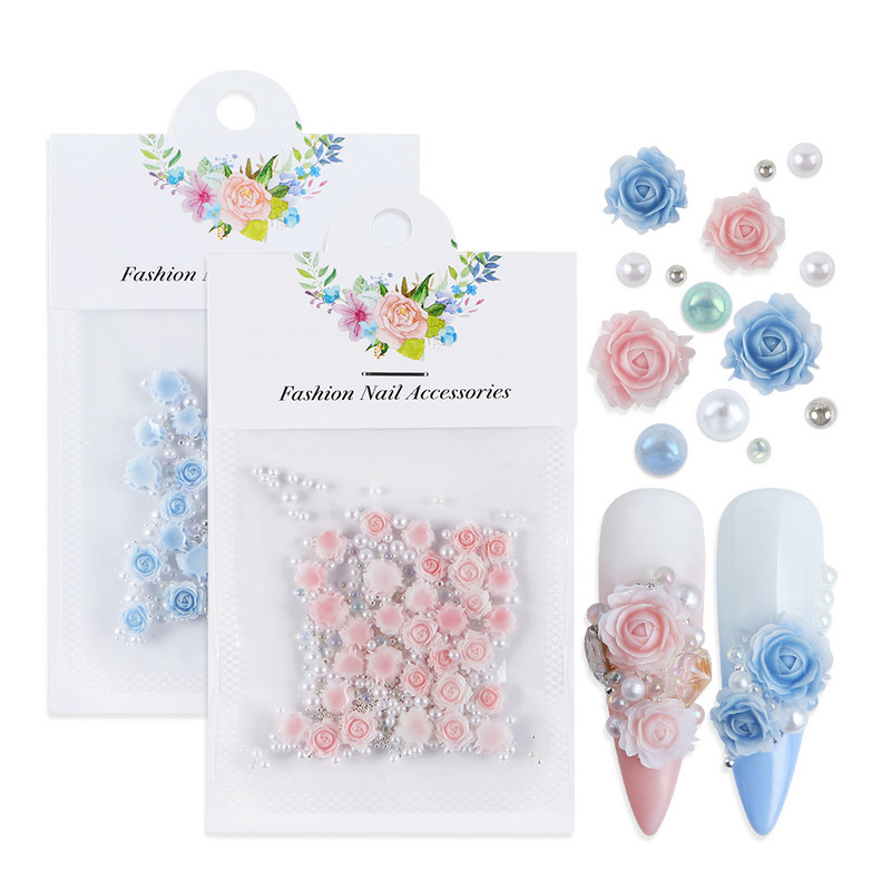 30gab Rožu dizaina nagu piekariņi Aksesuāri jaukta pērļu manikīra daļa DIY apaļš zieds nagu dekorēšanai Romantiskas Valentīnas dienas