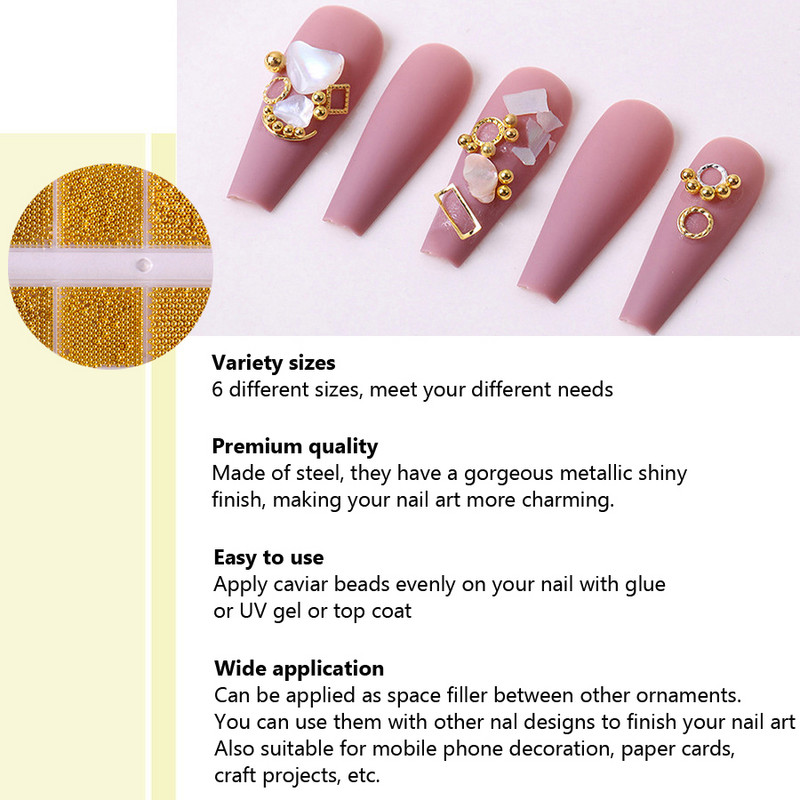 12 nodalījumi kaviāra krelles, metāliski nagu mākslas aksesuāri, metāla nagu krelles ar kastīti nagu dekorēšanai