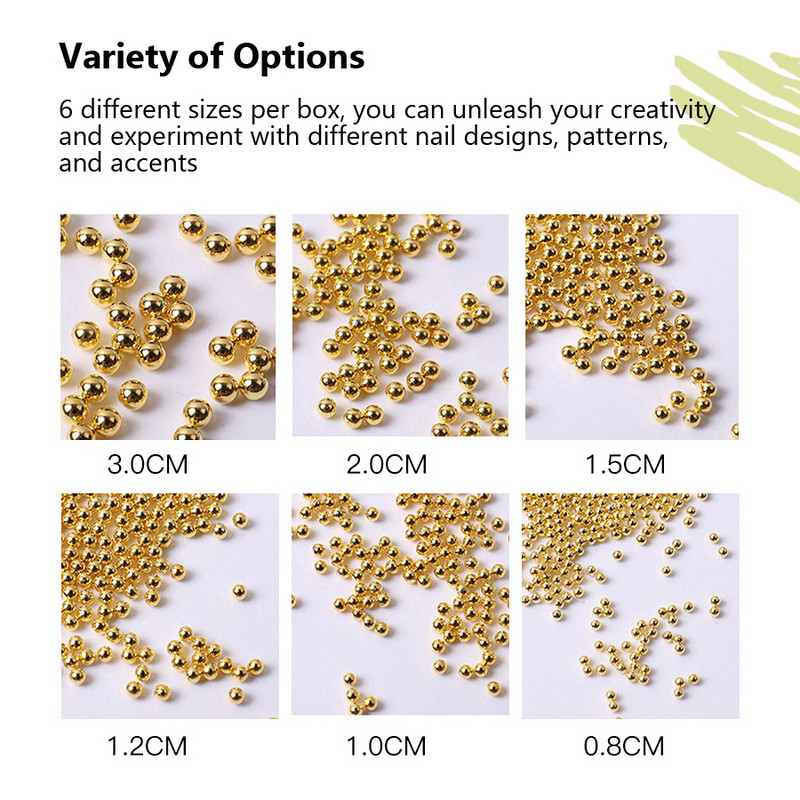 12 nodalījumi kaviāra krelles, metāliski nagu mākslas aksesuāri, metāla nagu krelles ar kastīti nagu dekorēšanai
