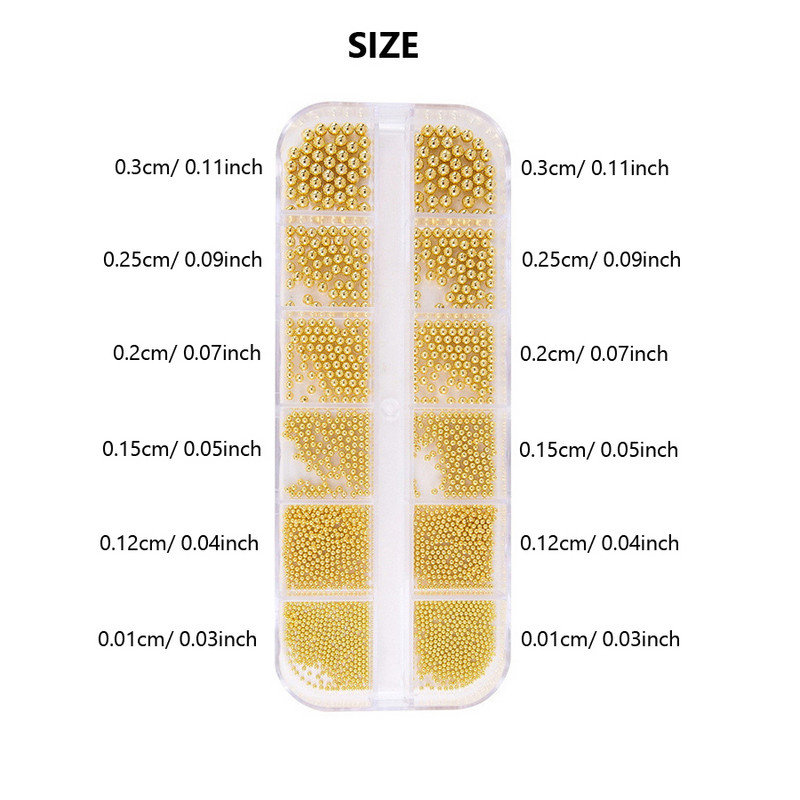 12 nodalījumi kaviāra krelles, metāliski nagu mākslas aksesuāri, metāla nagu krelles ar kastīti nagu dekorēšanai