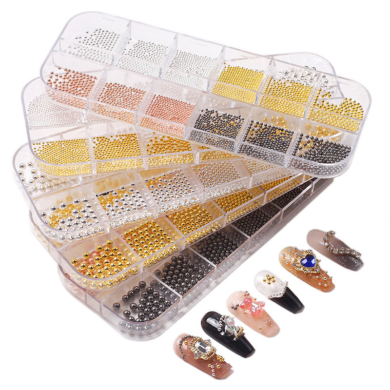 12 nodalījumi kaviāra krelles, metāliski nagu mākslas aksesuāri, metāla nagu krelles ar kastīti nagu dekorēšanai