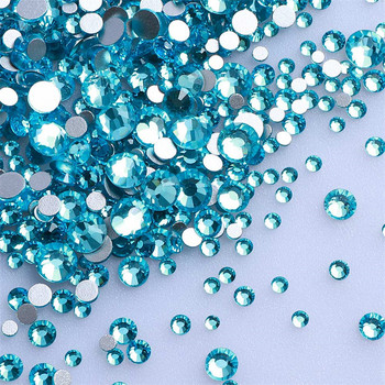 1440 τεμ/συσκευασία Mix Size Glass Flat Back Rhinestone Glitter Round Blue Diamond Non Hotfix Glue on Rhinestones for DIY Nail Art