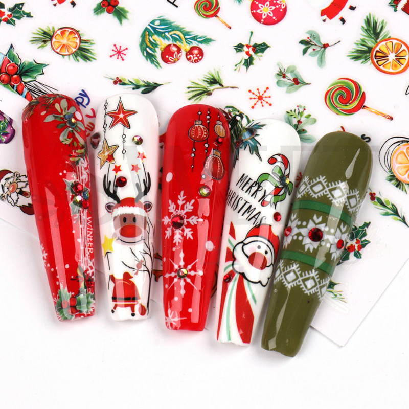 3D Ziemassvētku uzlīme nagu uzlīme Ziemas sniegpārsliņa Holija Mandarīni multfilma Ziemassvētku vecīša putns 2022 Jaunais gads nagu dizaina rotājums BEF892
