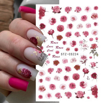 Розови 3D дизайни на стикери за нокти Ботанически флорални пролетни декорации за нокти Обикновено червено мастило Флорални залепващи стикери Слайдер Маникюр