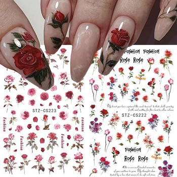 Розови 3D дизайни на стикери за нокти Ботанически флорални пролетни декорации за нокти Обикновено червено мастило Флорални залепващи стикери Слайдер Маникюр