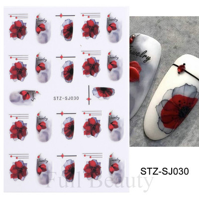 Rožu 3D nagu uzlīmju dizaini Botāniski ziedu pavasara nagu rotājumi Vienkārša sarkana tinte Ziedu līmējošās uzlīmes Slīdošais manikīrs