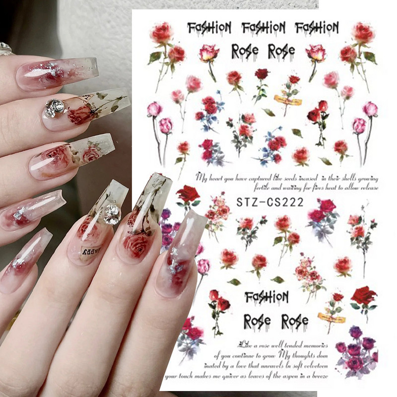 Rožu 3D nagu uzlīmju dizaini Botāniski ziedu pavasara nagu rotājumi Vienkārša sarkana tinte Ziedu līmējošās uzlīmes Slīdošais manikīrs