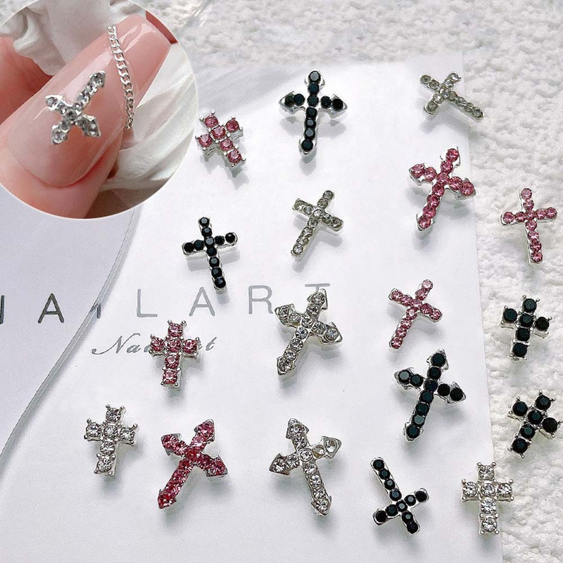 10 Gb. Classic Full Glitter Rhinestones Cross Nail Art Charms 3D Punk Sudraba — Dimanta krusta nagu dekorēšana — Luksusa DIY nagu daļas