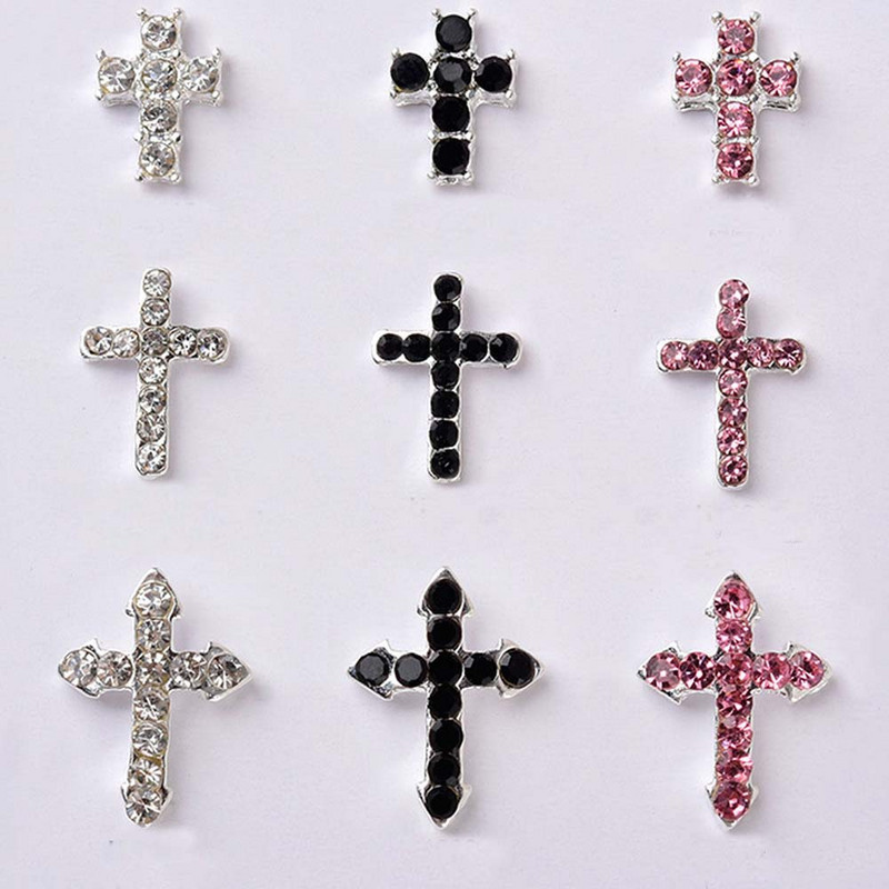 10 Gb. Classic Full Glitter Rhinestones Cross Nail Art Charms 3D Punk Sudraba — Dimanta krusta nagu dekorēšana — Luksusa DIY nagu daļas