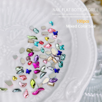 100 τμχ Μίνι διακοσμητικά νυχιών με διαμάντι σε σχήμα κρυστάλλου με επίπεδο πάτο στρας μικτό χρώμα Γυαλί πολύτιμος λίθος DIY αξεσουάρ μανικιούρ