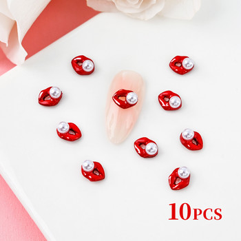 10 бр. Червени/розови луксозни устни 3D талисмани за нокти Романтични очарователни червени устни за Свети Валентин с луксозен диамантен маникюр Устни &*&