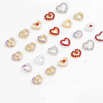 10 τμχ Ασημένιο κράμα καρδιάς Nail Art Charm 3D Sailor Metal Diamond Pearl Hollow Heart Love Nail Jewelry Πολυτελή αξεσουάρ νυχιών