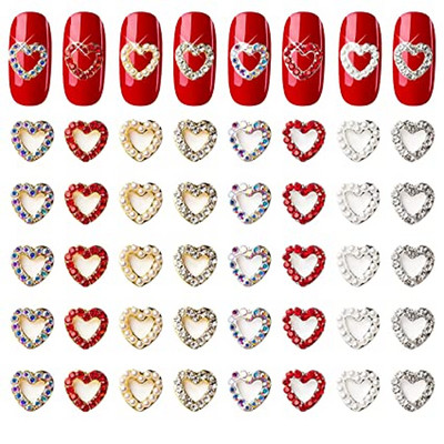 10 τμχ Ασημένιο κράμα καρδιάς Nail Art Charm 3D Sailor Metal Diamond Pearl Hollow Heart Love Nail Jewelry Πολυτελή αξεσουάρ νυχιών