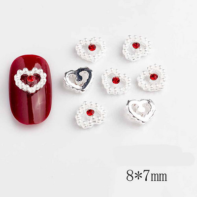 10 gab. Sudraba sirds sakausējuma nagu mākslas šarms 3D jūrnieks metāla dimanta pērle doba sirds mīlestība nagu rotaslietas grezni nagu aksesuāri