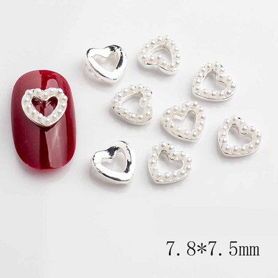 10 gab. Sudraba sirds sakausējuma nagu mākslas šarms 3D jūrnieks metāla dimanta pērle doba sirds mīlestība nagu rotaslietas grezni nagu aksesuāri