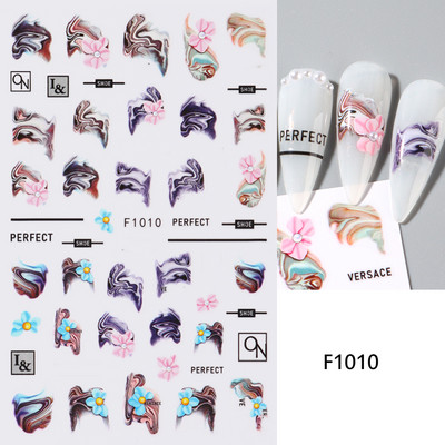 Violeta marmora dūmu nagi uzlīmes 3D zelta viļņu līnijas ziedi tauriņš pavasara dizaina uzlīmes manikīrs nagu mākslas slīdņi dekors