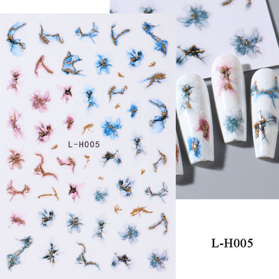 Violeta marmora dūmu nagi uzlīmes 3D zelta viļņu līnijas ziedi tauriņš pavasara dizaina uzlīmes manikīrs nagu mākslas slīdņi dekors