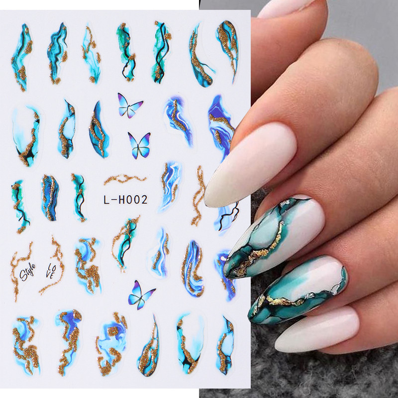 Violeta marmora dūmu nagi uzlīmes 3D zelta viļņu līnijas ziedi tauriņš pavasara dizaina uzlīmes manikīrs nagu mākslas slīdņi dekors