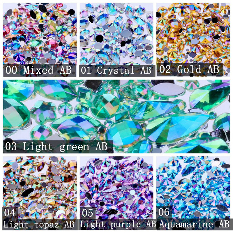 Vrećica od 15 g Oko 300 komada akrilnih kamenčića s ravnim stražnjim dijelom u raznim oblicima i veličinama Mnogo boja za ukrase lica Dragulji