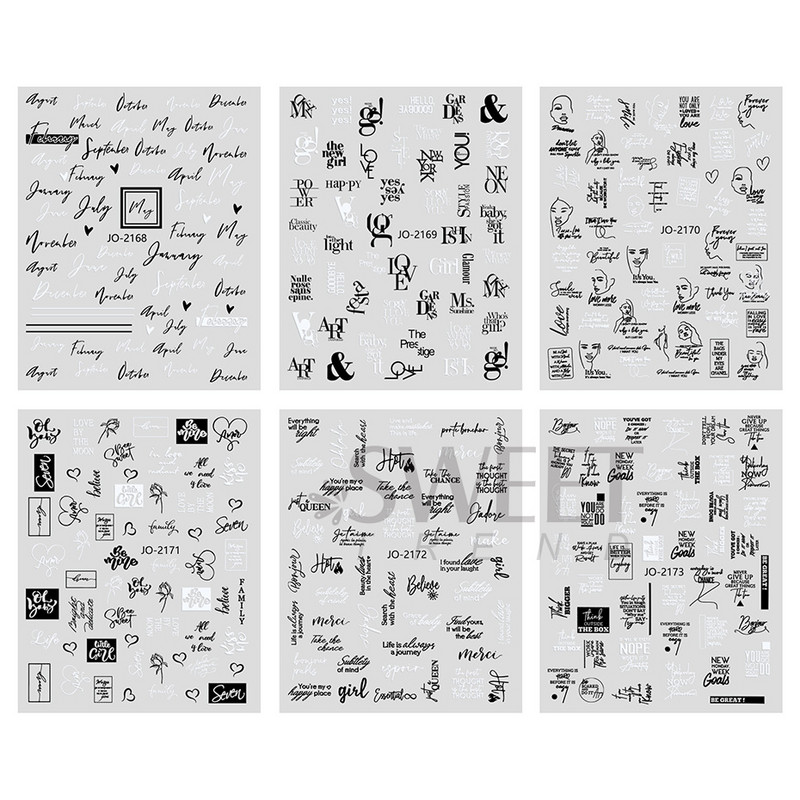 Melni burti ABC Word uzlīme nagu mākslas rotājumiem 3D dizaina slīdņi Abstraktas sejas uzlīmes Folija manikīra aksesuāri SWJO