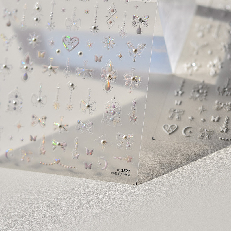 Sjajni biserni dragulj Laser Bijeli leptir Mjesec Zvijezde Perle Privjesak Naljepnice za nokte Dizajn Dekoracije Naljepnice DIY Manikura Visoka kvaliteta