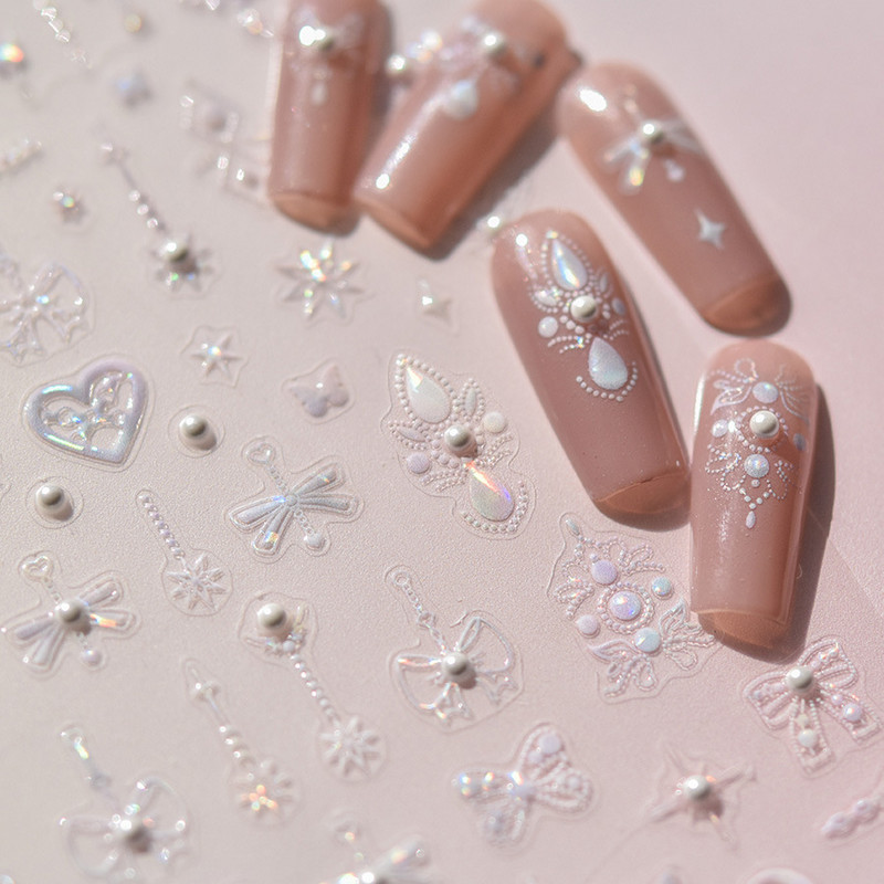 Sjajni biserni dragulj Laser Bijeli leptir Mjesec Zvijezde Perle Privjesak Naljepnice za nokte Dizajn Dekoracije Naljepnice DIY Manikura Visoka kvaliteta