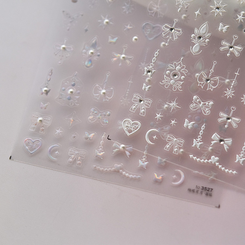 Sjajni biserni dragulj Laser Bijeli leptir Mjesec Zvijezde Perle Privjesak Naljepnice za nokte Dizajn Dekoracije Naljepnice DIY Manikura Visoka kvaliteta