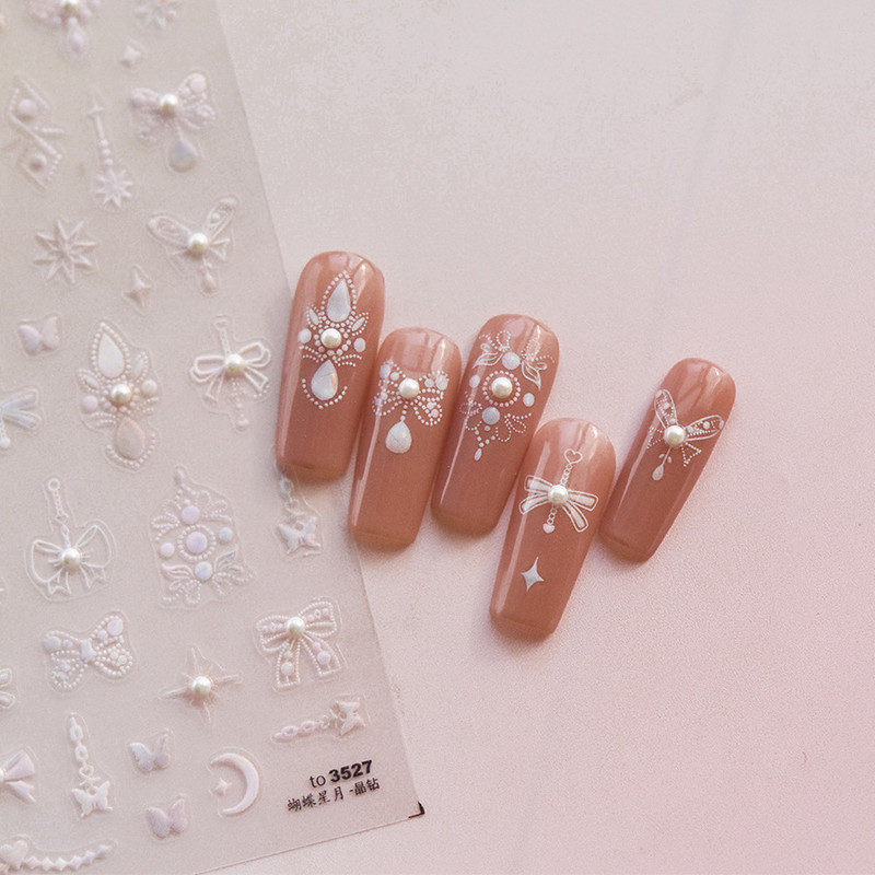 Sjajni biserni dragulj Laser Bijeli leptir Mjesec Zvijezde Perle Privjesak Naljepnice za nokte Dizajn Dekoracije Naljepnice DIY Manikura Visoka kvaliteta