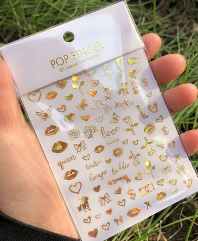 Nagu mākslas uzlīmes Sirds 3D nagu uzlīme Zelta sudraba melna Seksīgi sarkana nagu dizaina uzlīme ar mirdzošu pūdera nagu aksesuāriem