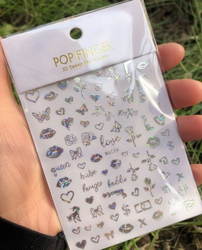 Nagu mākslas uzlīmes Sirds 3D nagu uzlīme Zelta sudraba melna Seksīgi sarkana nagu dizaina uzlīme ar mirdzošu pūdera nagu aksesuāriem