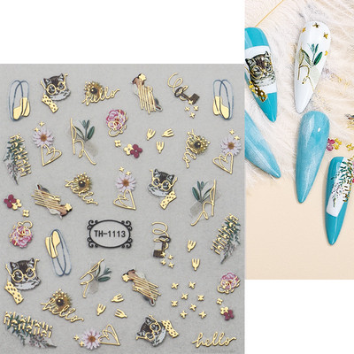 3D nagu mākslas uzlīmes zelta viļņu līnija marmora zila ģeometrija abstrakti ziedi nagu mākslas slīdņi uzlīmes folijas manikīra dekorācijas