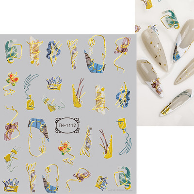 3D nagu mākslas uzlīmes zelta viļņu līnija marmora zila ģeometrija abstrakti ziedi nagu mākslas slīdņi uzlīmes folijas manikīra dekorācijas