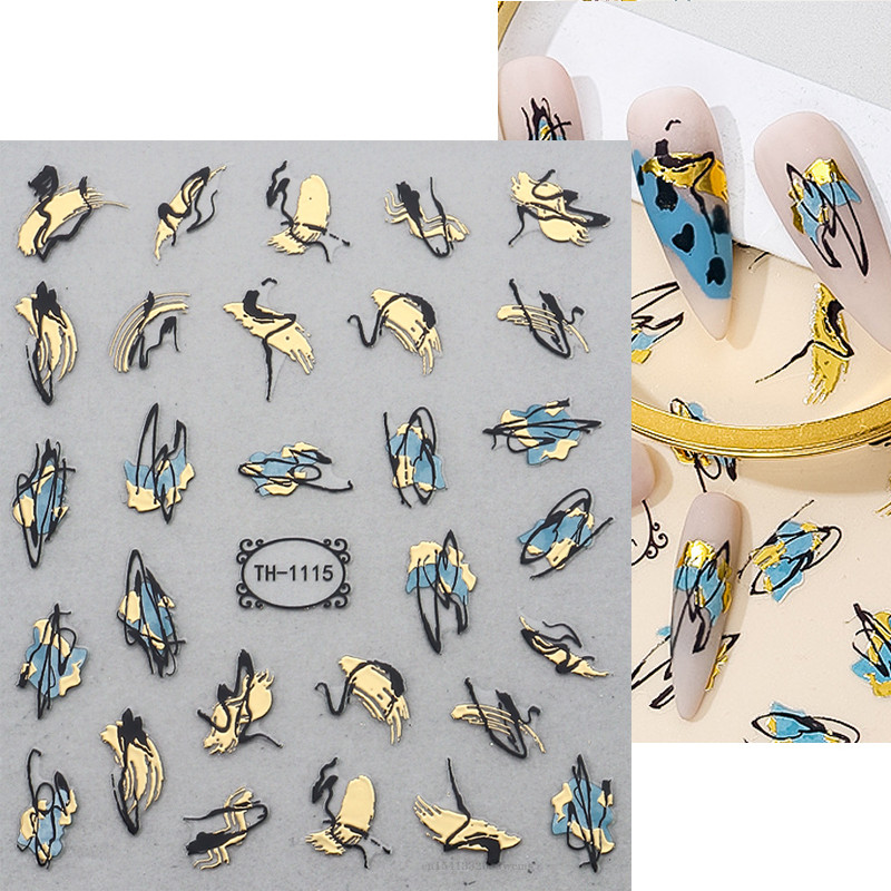 3D nagu mākslas uzlīmes zelta viļņu līnija marmora zila ģeometrija abstrakti ziedi nagu mākslas slīdņi uzlīmes folijas manikīra dekorācijas