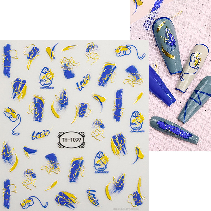 3D nagu mākslas uzlīmes zelta viļņu līnija marmora zila ģeometrija abstrakti ziedi nagu mākslas slīdņi uzlīmes folijas manikīra dekorācijas