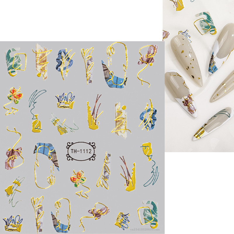 3D nagu mākslas uzlīmes zelta viļņu līnija marmora zila ģeometrija abstrakti ziedi nagu mākslas slīdņi uzlīmes folijas manikīra dekorācijas