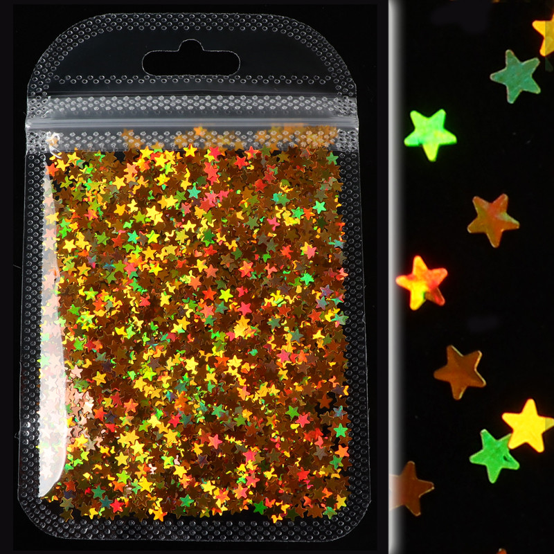 Hologrāfiskas lāzera zvaigznes formas nagu mirdzoši vizuļi zelta sudraba piecstaru zvaigzne nagu mākslas aksesuāri Hermosos manikīra materiāls