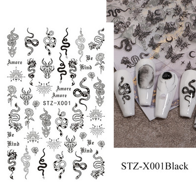 3D crna zmija naljepnice za nokte zmaj klizači za nokte zvijezda mjesec noć vještica dizajn leptir ruža cvijeće naljepnice manikura omot