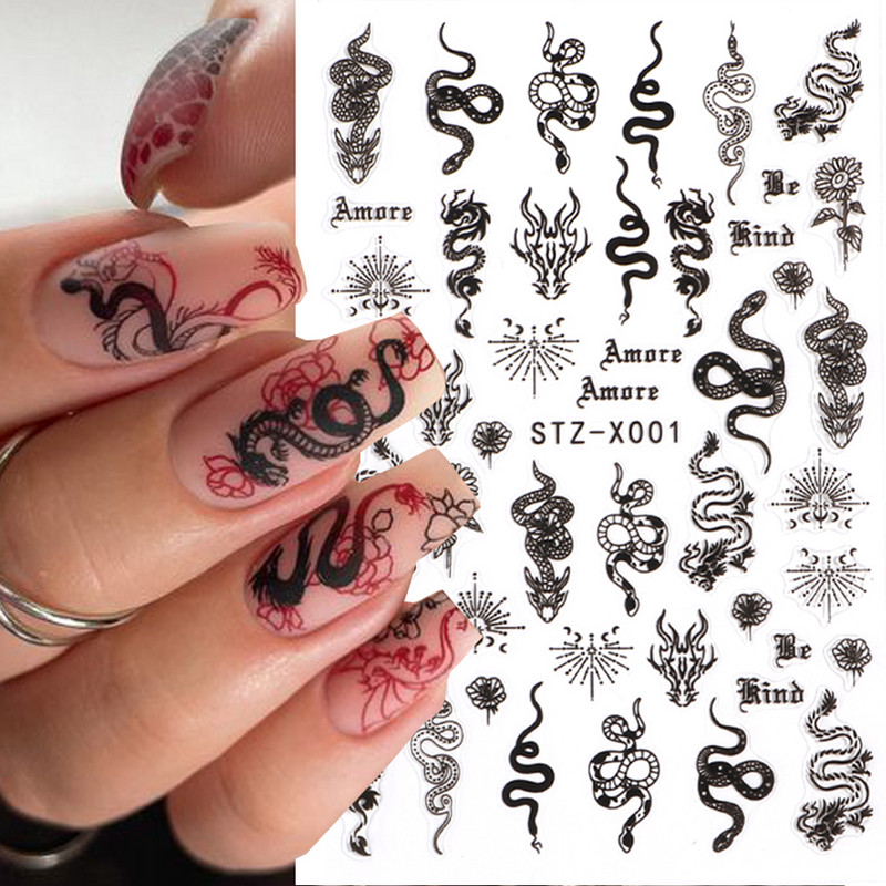 3D crna zmija naljepnice za nokte zmaj klizači za nokte zvijezda mjesec noć vještica dizajn leptir ruža cvijeće naljepnice manikura omot