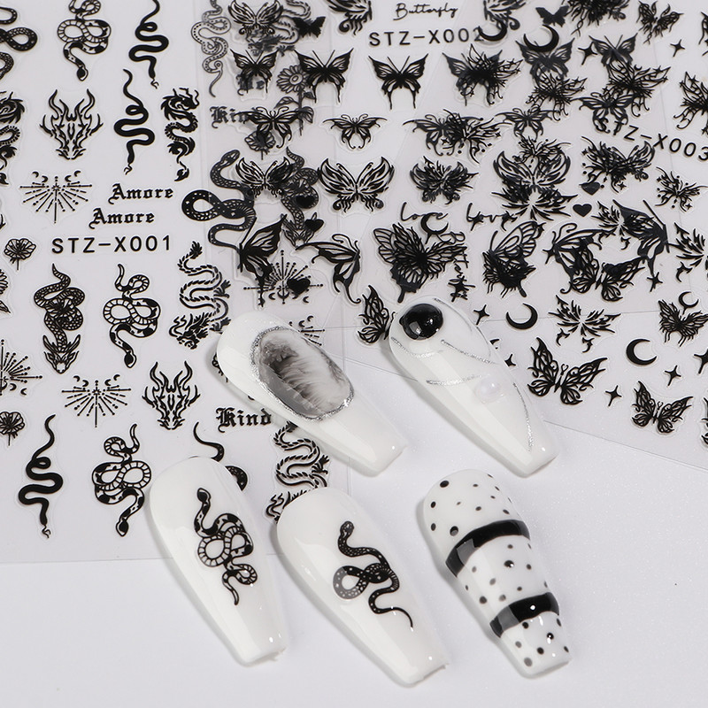 3D crna zmija naljepnice za nokte zmaj klizači za nokte zvijezda mjesec noć vještica dizajn leptir ruža cvijeće naljepnice manikura omot